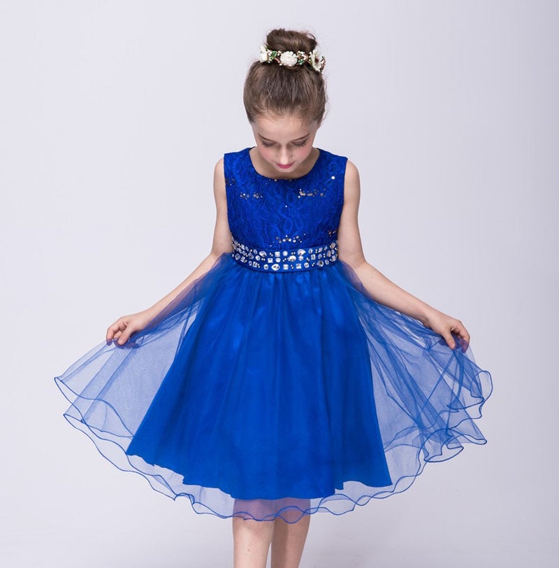 DreamHigh Wedding Flower Girl's Sequined Shining Crystal Waist Evening Dress up Royal Blue 11-12 Years - Image 3